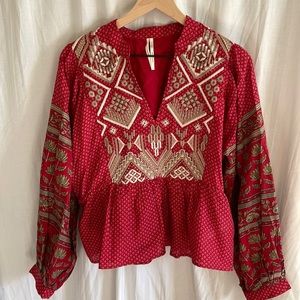 Anthropologie Embroidered Balloon Sleeve Blouse